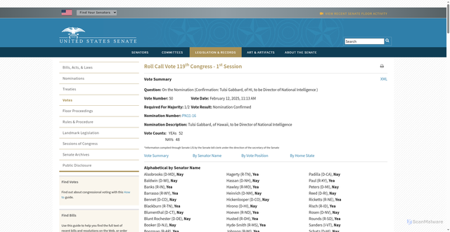 Security scan screenshot of https://www.senate.gov/legislative/LIS/roll_call_votes/vote1191/vote_119_1_00050.htm