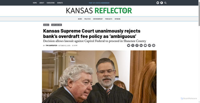 Security scan screenshot of https://kansasreflector.com/2025/10/22/kansas-supreme-court-unanimously-rejects-banks-overdraft-fee-policy-as-ambiguous/