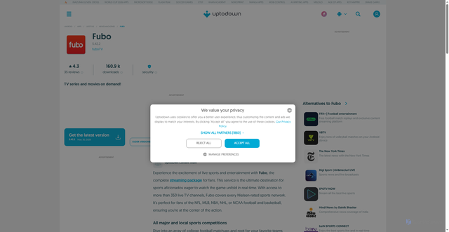 Security scan screenshot of https://fubotv.en.uptodown.com/android