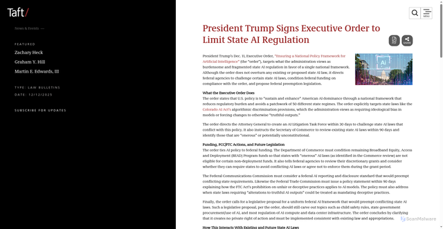 Security scan screenshot of https://www.taftlaw.com/news-events/law-bulletins/president-trump-signs-executive-order-to-limit-state-ai-regulation/
