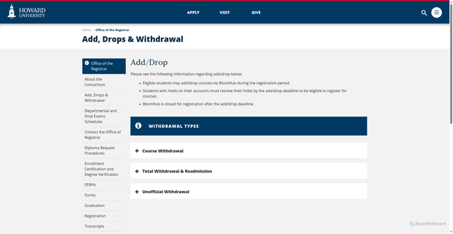 Security scan screenshot of https://howard.edu/registrar/withdrawal