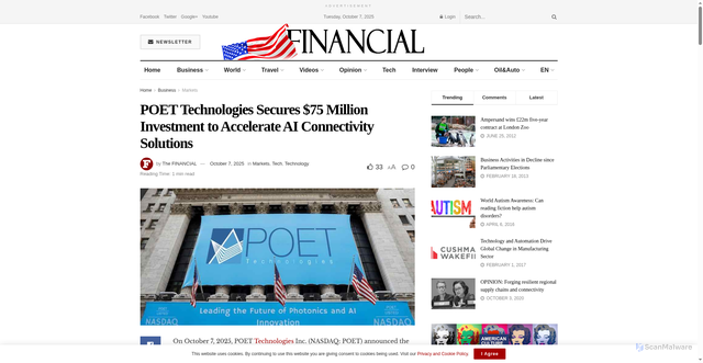 Security scan screenshot of https://finchannel.com/poet-technologies-secures-75-million-investment-to-accelerate-ai-connectivity-solutions/127766/tech-2/2025/10/