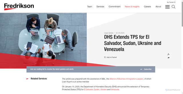 Security scan screenshot of https://www.fredlaw.com/alert-dhs-extends-tps-for-el-salvador-sudan-ukraine-and-venezuela