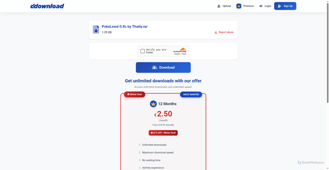 Security scan screenshot of https://ddownload.com/0ocxlreazz1a/PokeLewd-0.8c_by_Thatty.rar