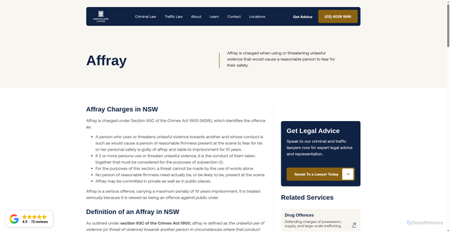Security scan screenshot of https://www.hamiltonjanke.com.au/criminal-law/affray/