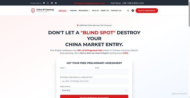 Security scan screenshot of https://www-chinaipgateway-com.pages.dev/services/ip-search-clearance/