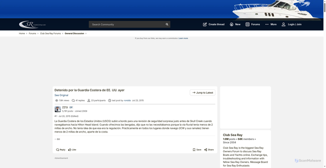 Security scan screenshot of https://www.clubsearay.com/threads/got-stopped-by-the-uscg-yesterday.74114/?tl=es