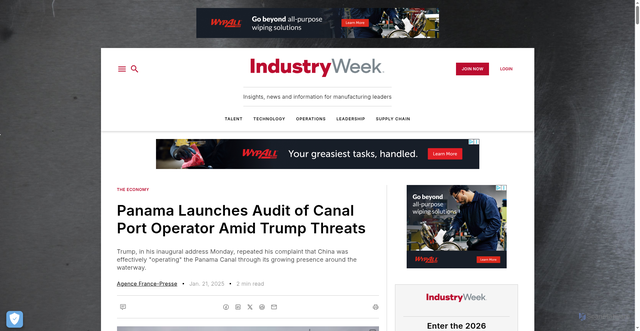 Security scan screenshot of https://www.industryweek.com/the-economy/news/55262449/panama-launches-audit-of-canal-port-operator-amid-trump-threats