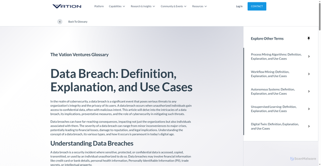 Security scan screenshot of https://www.vationventures.com/glossary/data-breach-cybersecurity-explained