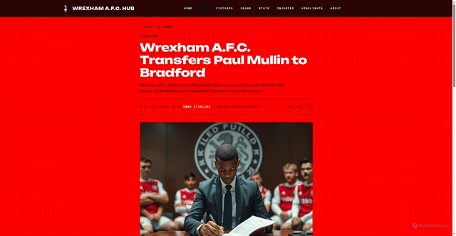 Security scan screenshot of https://www.wrexhamafcnews.co.uk/news/wrexham-transfers-paul-mullin-27af