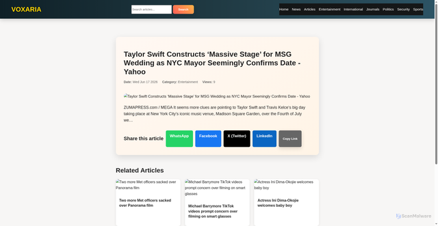 Security scan screenshot of https://www.voxaria.org/news/taylor-swift-constructs-massive-stage-for-msg-wedding-as-nyc-mayor-seemingly-confirms-date-yahoo