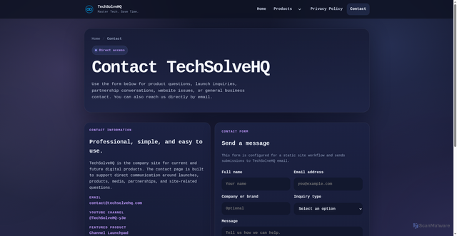 Security scan screenshot of https://techsolvehq.com/contact.html