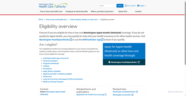 Security scan screenshot of https://www.hca.wa.gov/free-or-low-cost-health-care/i-need-medical-dental-or-vision-care/eligibility-overview