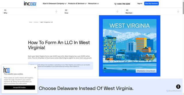 Security scan screenshot of https://www.incnow.com/states/west-virginia-llc/