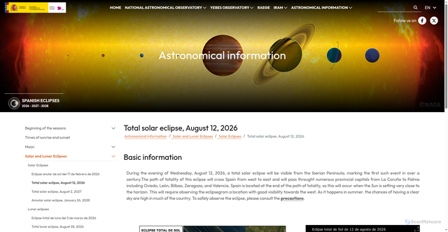 Security scan screenshot of https://astronomia.ign.es/en/eclipses-de-sol-y-luna/eclipse-total-sol-de-12-de-agosto-2026