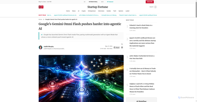 Security scan screenshot of https://startupfortune.com/googles-gemini-omni-flash-pushes-harder-into-agentic-ai/