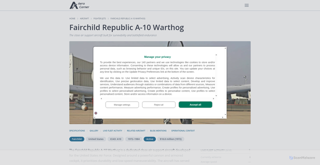 Security scan screenshot of https://aerocorner.com/aircraft/a-10-warthog/