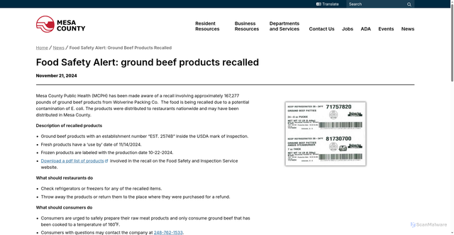 Security scan screenshot of https://www.mesacounty.us/news/public-health/food-safety-alert-ground-beef-products-recalled