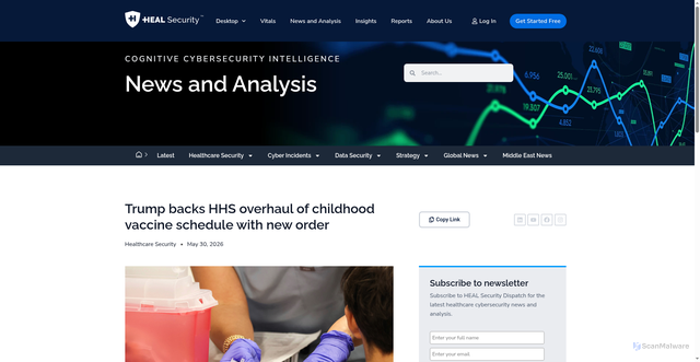 Security scan screenshot of https://healsecurity.com/trump-backs-hhs-overhaul-of-childhood-vaccine-schedule-with-new-order/