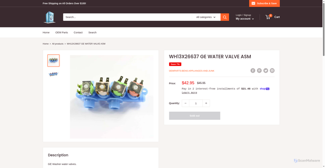Security scan screenshot of https://oemparts.bens-appliances.com/products/wh13x26637-ge-water-valve-asm