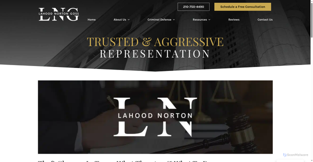 Security scan screenshot of https://lahoodnorton.com/blog/theft-charges-texas-what-to-do/