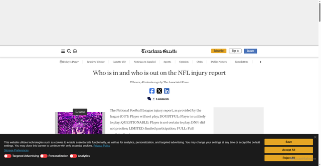 Security scan screenshot of https://www.texarkanagazette.com/news/2025/nov/19/who-is-in-and-who-is-out-on-the-nfl-injury-report/