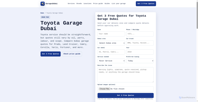 Security scan screenshot of https://garagedubai.pages.dev/toyota-garage-dubai