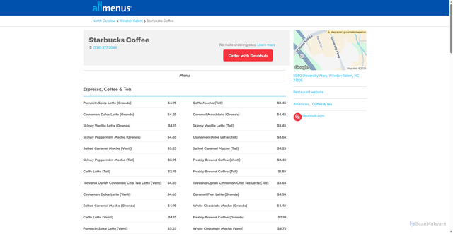 Security scan screenshot of https://www.allmenus.com/nc/winston-salem/125092-starbucks-coffee/menu/