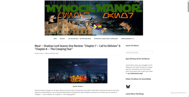 Security scan screenshot of https://mynockmanor.com/maul-shadow-lord-season-one-review-chapter-7-call-to-oblivion-chapter-8-the-creeping-fear/
