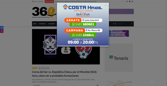 Security scan screenshot of https://www.360noticia.com/articulo/corea-del-sur-vs.-republica-checa-por-el-mundial-2026-hora-como-ver-y-probables-formaciones.php
