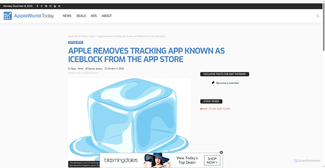 Security scan screenshot of https://appleworld.today/2025/10/apple-removes-tracking-app-known-as-iceblock-from-the-app-store/