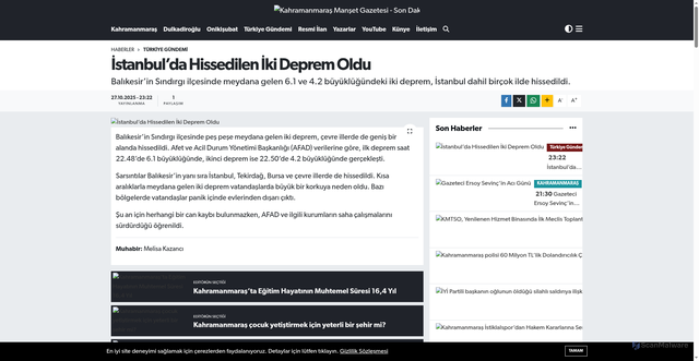 Security scan screenshot of https://www.marasmanset.com/istanbulda-hissedilen-iki-deprem-oldu