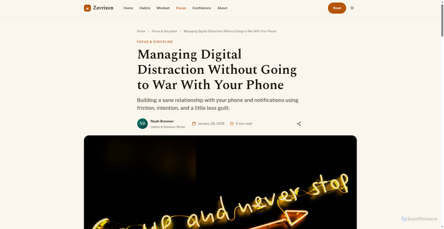 Security scan screenshot of https://zavrixon.pages.dev/managing-digital-distraction/