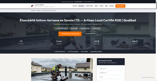 Security scan screenshot of https://couvreur-savoie73.fr/etancheite-terrasse-savoie/