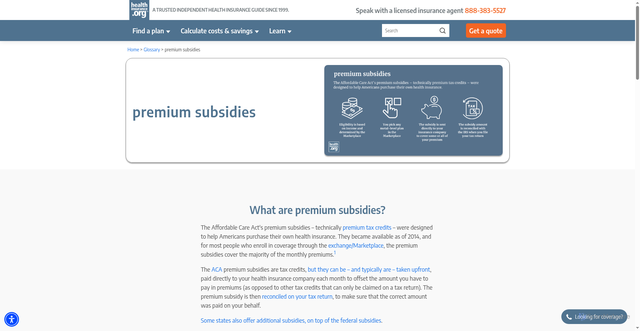Security scan screenshot of https://www.healthinsurance.org/glossary/premium-subsidies/