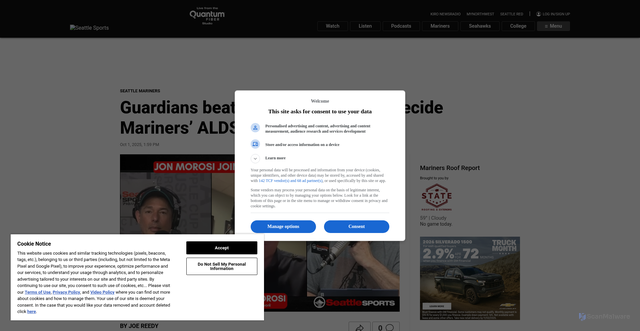 Security scan screenshot of https://sports.mynorthwest.com/mlb/seattle-mariners/guardians-beat-tigers-game-3-will-decide-mariners-alds-opponent/1824038