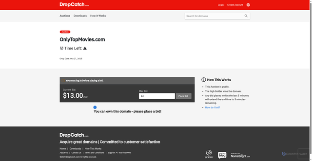 Security scan screenshot of client.dropcatch.com