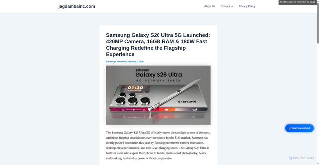 Security scan screenshot of https://jagdambainc.com/samsung-galaxy-s26-ultra-5g-usa/