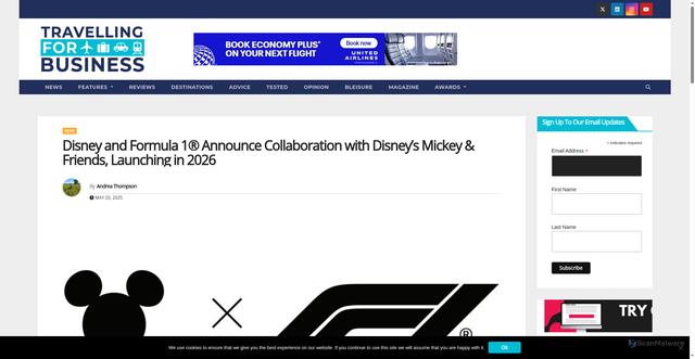 Security scan screenshot of https://travellingforbusiness.co.uk/news/disney-and-formula-1-announce-collaboration-with-disneys-mickey-friends-launching-in-2026/