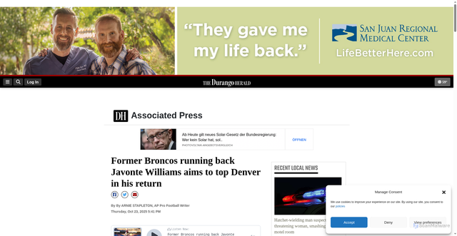 Security scan screenshot of https://www.durangoherald.com/articles/former-broncos-running-back-javonte-williams-aims-to-top-denver-in-his-return/