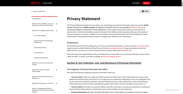 Security scan screenshot of https://help.netflix.com/legal/privacy?g=7eb08b39-23d8-4a28-8ba7-56899f0b6b7b