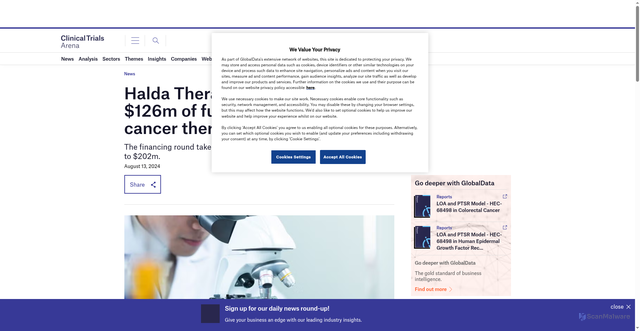 Security scan screenshot of https://www.clinicaltrialsarena.com/news/halda-therapeutics-cancer-therapies/