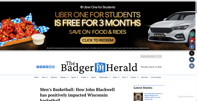 Security scan screenshot of https://badgerherald.com/sports/mens-basketball/2025/02/08/mens-basketball-how-john-blackwell-has-positively-impacted-wisconsin-basketball/