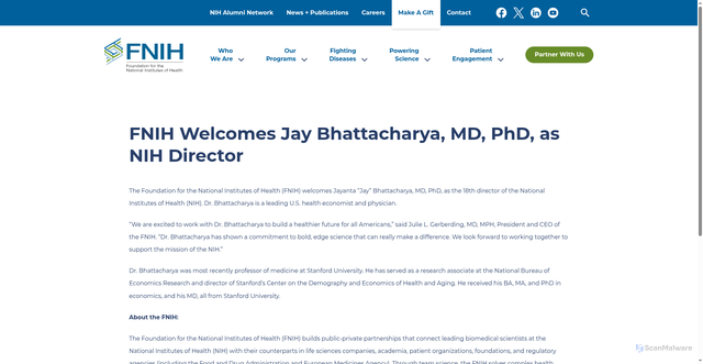 Security scan screenshot of https://fnih.org/news/welcoming-jay-bhattacharya/