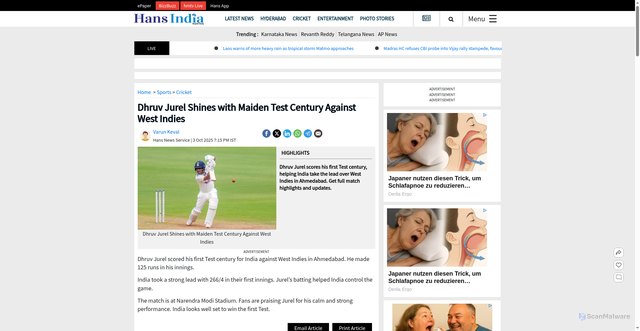 Security scan screenshot of https://www.thehansindia.com/sports/cricket/dhruv-jurel-shines-with-maiden-test-century-against-west-indies-1011666