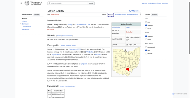Security scan screenshot of https://nds.wikipedia.org/wiki/Vinton_County