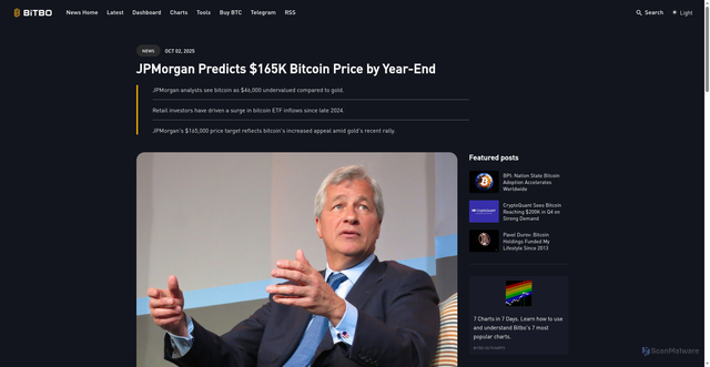 Security scan screenshot of https://bitbo.io/news/jpmorgan-bitcoin-165k-forecast/