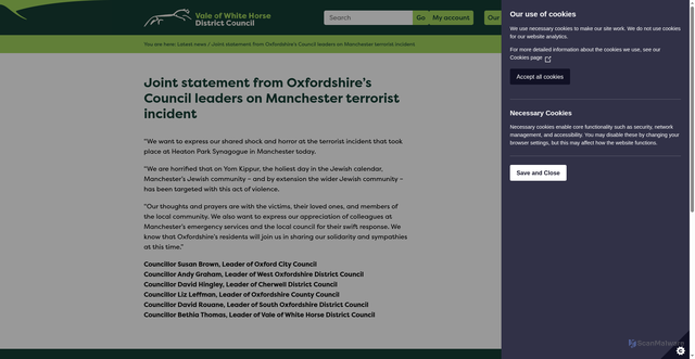 Security scan screenshot of https://www.whitehorsedc.gov.uk/vale-of-white-horse-district-council/joint-statement-from-oxfordshires-council-leaders-on-manchester-terrorist-incident/