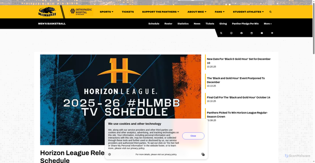 Security scan screenshot of https://mkepanthers.com/news/2025/10/21/mens-basketball-horizon-league-releases-2025-26-hlmbb-tv-schedule.aspx