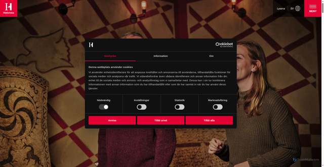Security scan screenshot of https://historiska.se/